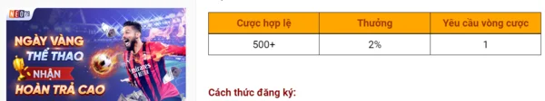 Các điều kiện để thành công nhận khuyến mãi Thể thao NEO79